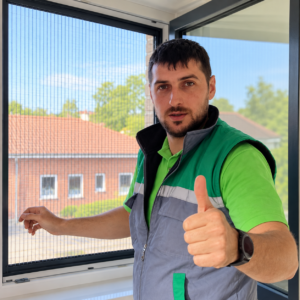 Mitarbeiter von n.E am Fenster mit Plissee-Insektenschutz